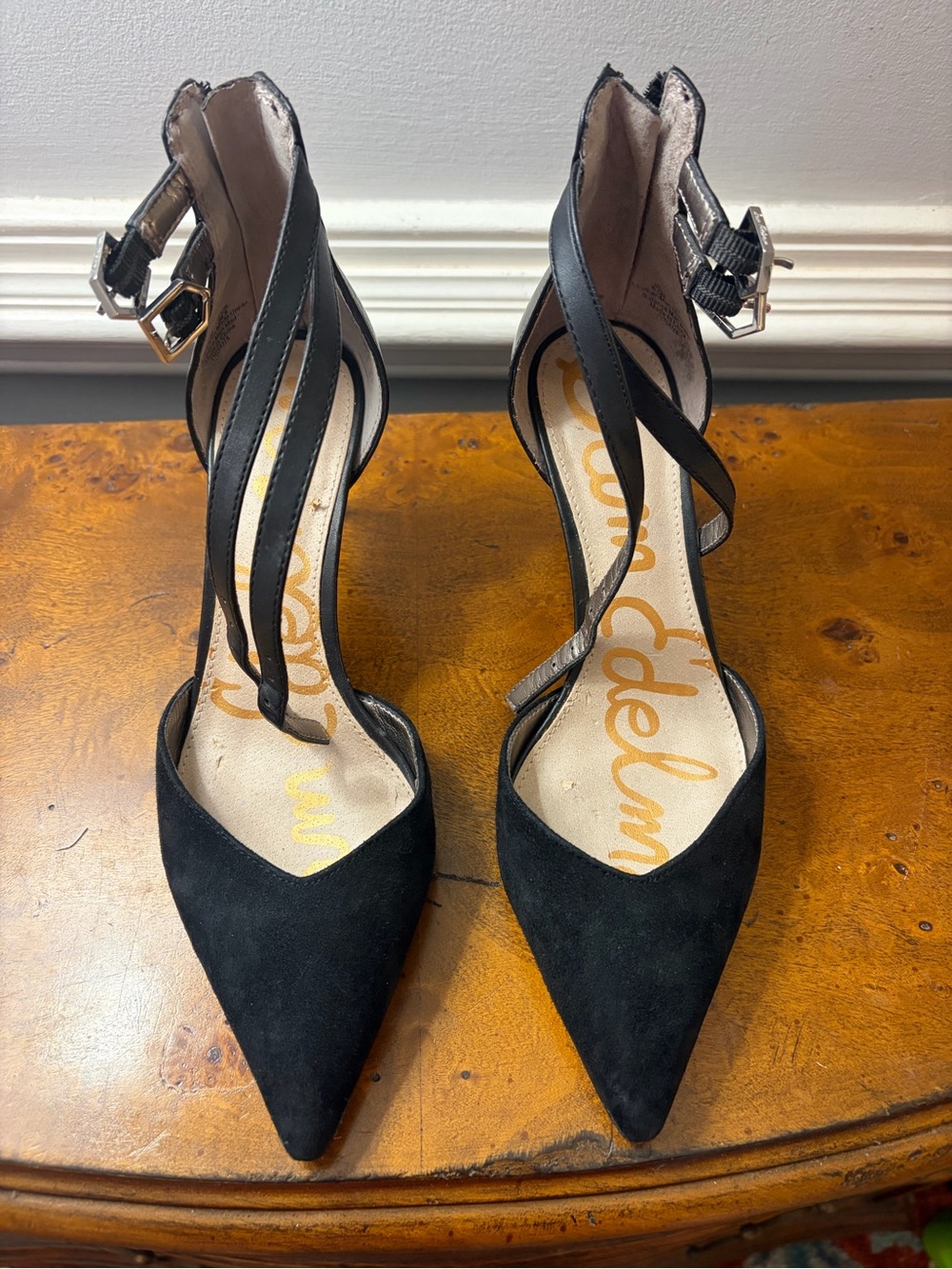 Sam Edelman Black Suede Pointed Toe Ankle Strap Heels